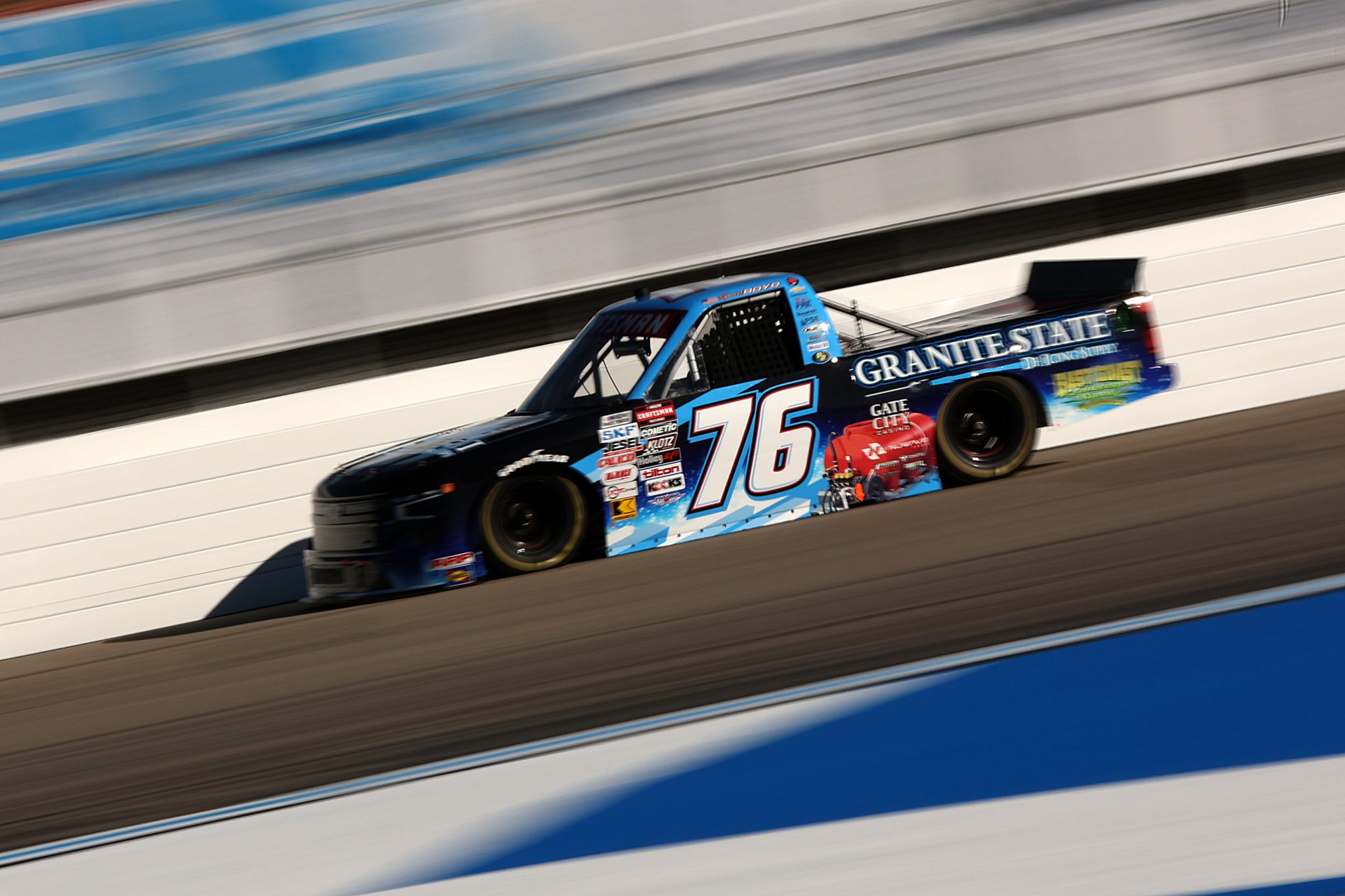 LOUDON, NEW HAMPSHIRE - SEPTEMBER 19: Spencer Boyd, driver of the #76 Granite State De-Icing Supply Chevrolet, drives during practice for the NASCAR Craftsman Truck Series Team EJP 175 at New Hampshire Motor Speedway on September 19, 2025 in Loudon, New Hampshire. (Photo by Meg Oliphant/Getty Images) | Getty Images