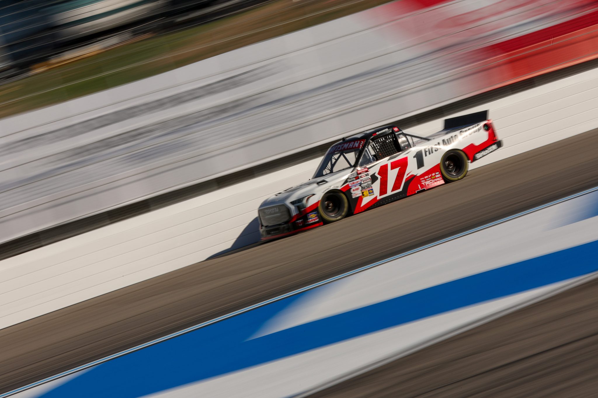 LOUDON, NEW HAMPSHIRE - SEPTEMBER 19: Giovanni Ruggiero, driver of the #17 First Auto Group Toyota, drives during practice for the NASCAR Craftsman Truck Series Team EJP 175 at New Hampshire Motor Speedway on September 19, 2025 in Loudon, New Hampshire. (Photo by Meg Oliphant/Getty Images) | Getty Images