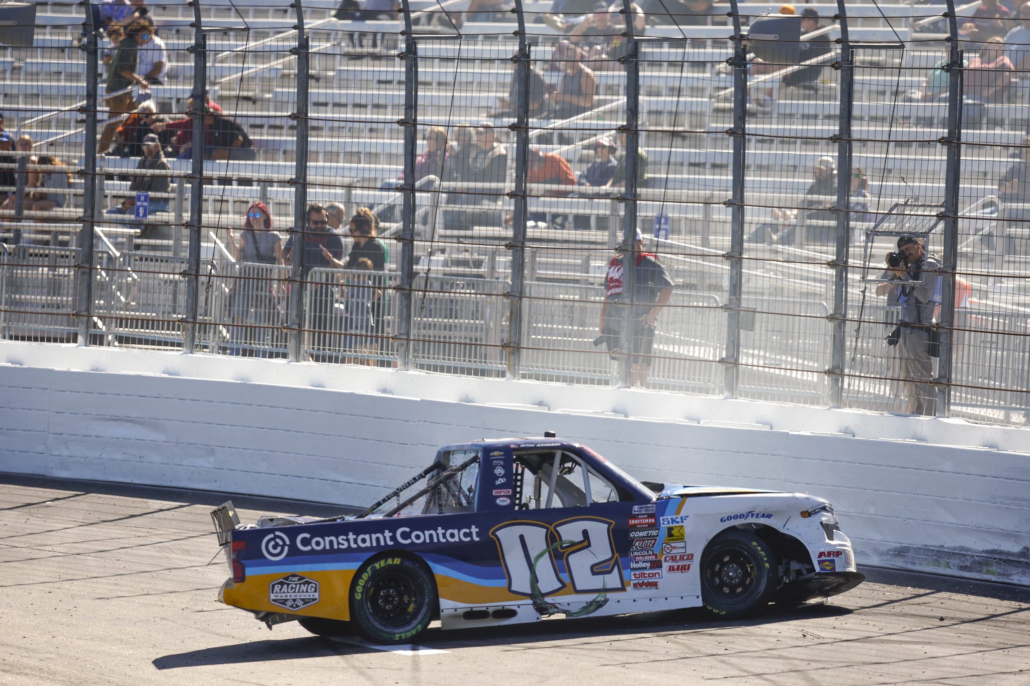 LOUDON, NEW HAMPSHIRE - SEPTEMBER 20: Jayson Alexander, driver of the #02 Constant Contact Chevrolet, spins after an on-track incident during the NASCAR Craftsman Truck Series Team EJP 175 at New Hampshire Motor Speedway on September 20, 2025 in Loudon, New Hampshire. (Photo by Sean Gardner/Getty Images) | Getty Images