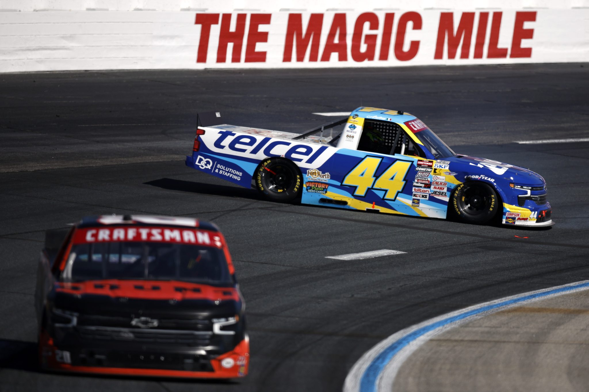 LOUDON, NEW HAMPSHIRE - SEPTEMBER 20: Andres Perez De Lara, driver of the #44 Telcel Chevrolet, spins after an on-track incident during the NASCAR Craftsman Truck Series Team EJP 175 at New Hampshire Motor Speedway on September 20, 2025 in Loudon, New Hampshire. (Photo by Sean Gardner/Getty Images) | Getty Images