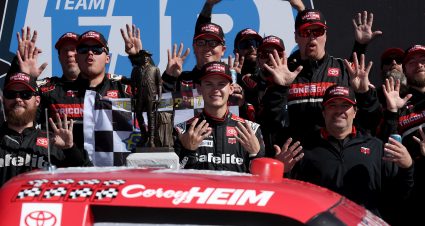 LOUDON, NEW HAMPSHIRE - SEPTEMBER 20: Corey Heim, driver of the #11 Safelite Toyota, and crew celebrate in victory lane after winning the NASCAR Craftsman Truck Series Team EJP 175 at New Hampshire Motor Speedway on September 20, 2025 in Loudon, New Hampshire. (Photo by Meg Oliphant/Getty Images) | Getty Images