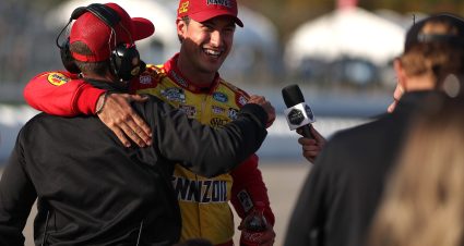 LOUDON, NEW HAMPSHIRE - SEPTEMBER 20: Joey Logano, driver of the #22 Shell Pennzoil Ford, celebrates with crew after winning the pole during qualifying for the NASCAR Cup Series Mobil 1 301 at New Hampshire Motor Speedway on September 20, 2025 in Loudon, New Hampshire. (Photo by Meg Oliphant/Getty Images) | Getty Images