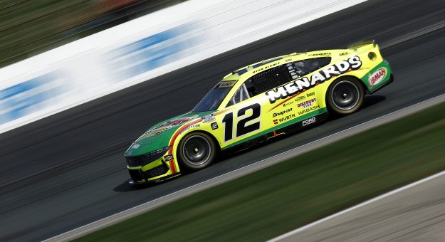 LOUDON, NEW HAMPSHIRE - SEPTEMBER 21: Ryan Blaney, driver of the #12 Menards/Libman Ford, drives during the NASCAR Cup Series Mobil 1 301 at New Hampshire Motor Speedway on September 21, 2025 in Loudon, New Hampshire. (Photo by Sean Gardner/Getty Images) | Getty Images