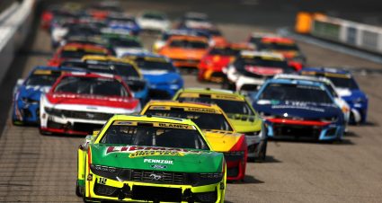 LOUDON, NEW HAMPSHIRE - SEPTEMBER 21: Ryan Blaney, driver of the #12 Menards/Libman Ford, leads the field during the NASCAR Cup Series Mobil 1 301 at New Hampshire Motor Speedway on September 21, 2025 in Loudon, New Hampshire. (Photo by Meg Oliphant/Getty Images) | Getty Images