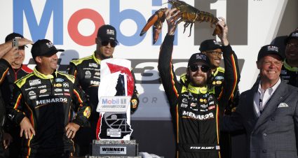 LOUDON, NEW HAMPSHIRE - SEPTEMBER 21: Ryan Blaney, driver of the #12 Menards/Libman Ford, poses with Loudon the Lobster in victory lane after winning the the NASCAR Cup Series Mobil 1 301 at New Hampshire Motor Speedway on September 21, 2025 in Loudon, New Hampshire. (Photo by Sean Gardner/Getty Images) | Getty Images