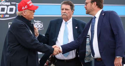 DAYTONA BEACH, FLORIDA - FEBRUARY 16: U.S. President Donald Trump is greeted by NASCAR Senior Vice President Chip Wile on the grid prior to the NASCAR Cup Series Daytona 500 at Daytona International Speedway on February 16, 2025 in Daytona Beach, Florida. (Photo by Chris Graythen/Getty Images) | Getty Images