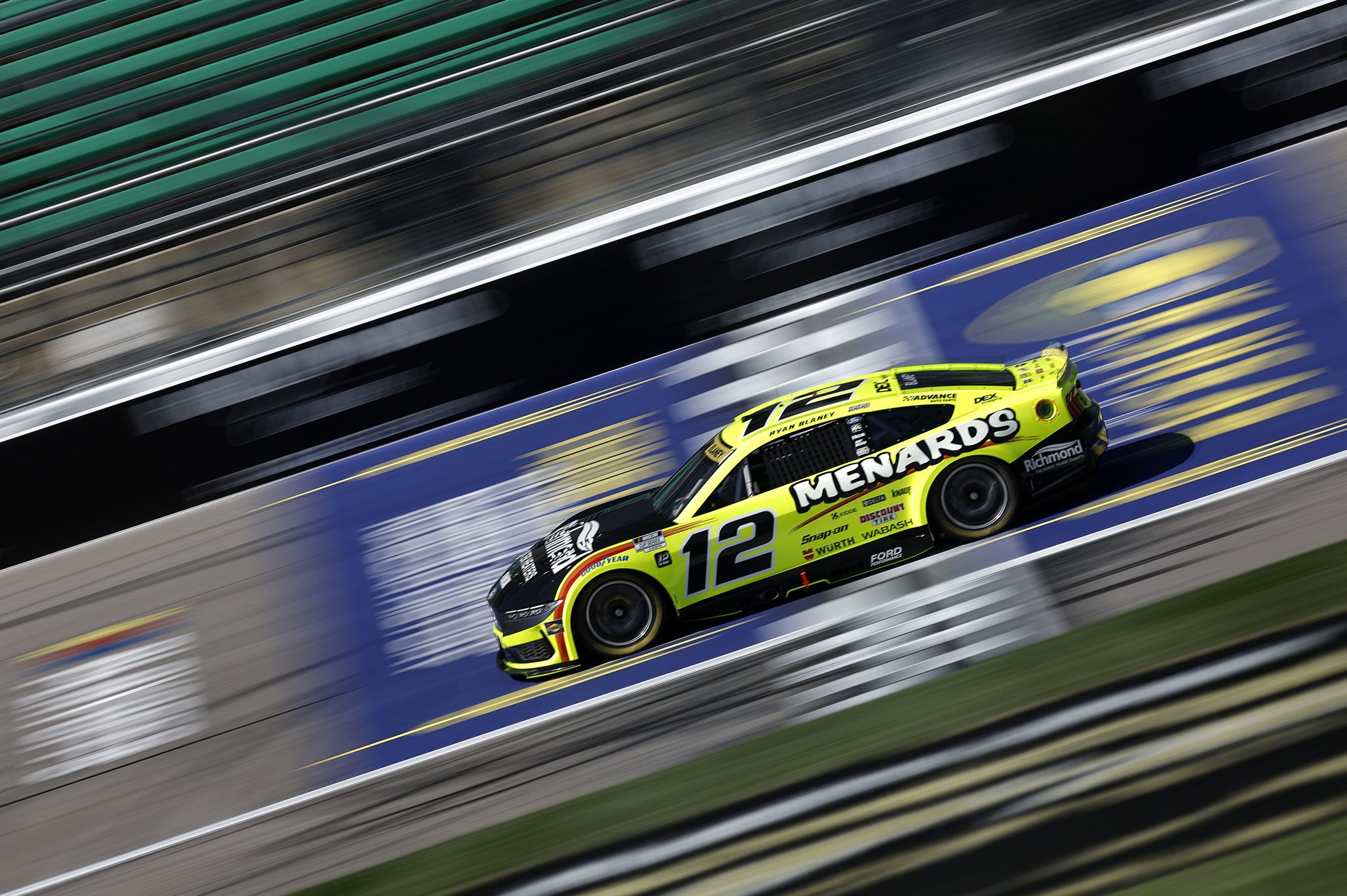 KANSAS CITY, KANSAS - SEPTEMBER 27: Ryan Blaney, driver of the #12 Menards/Richmond Water Heaters Ford, drives during practice for the NASCAR Cup Series Hollywood Casino 400 Presented by ESPN BET at Kansas Speedway on September 27, 2025 in Kansas City, Kansas. (Photo by Sean Gardner/Getty Images) | Getty Images