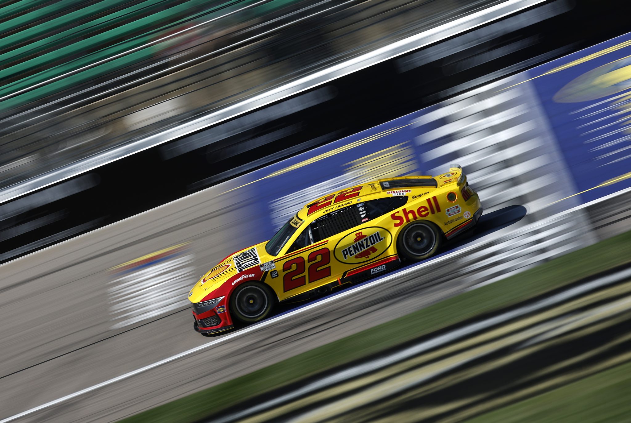 KANSAS CITY, KANSAS - SEPTEMBER 27: Joey Logano, driver of the #22 Shell Pennzoil Ford, drives during practice for the NASCAR Cup Series Hollywood Casino 400 Presented by ESPN BET at Kansas Speedway on September 27, 2025 in Kansas City, Kansas. (Photo by Sean Gardner/Getty Images) | Getty Images