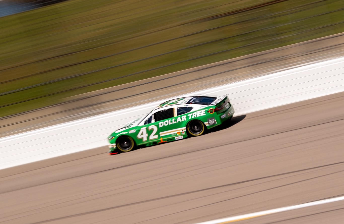 KANSAS CITY, KANSAS - SEPTEMBER 27: John Hunter Nemechek, driver of the #42 Dollar Tree Toyota, drives during practice for the NASCAR Cup Series Hollywood Casino 400 Presented by ESPN BET at Kansas Speedway on September 27, 2025 in Kansas City, Kansas. (Photo from Legacy Motor Club)
