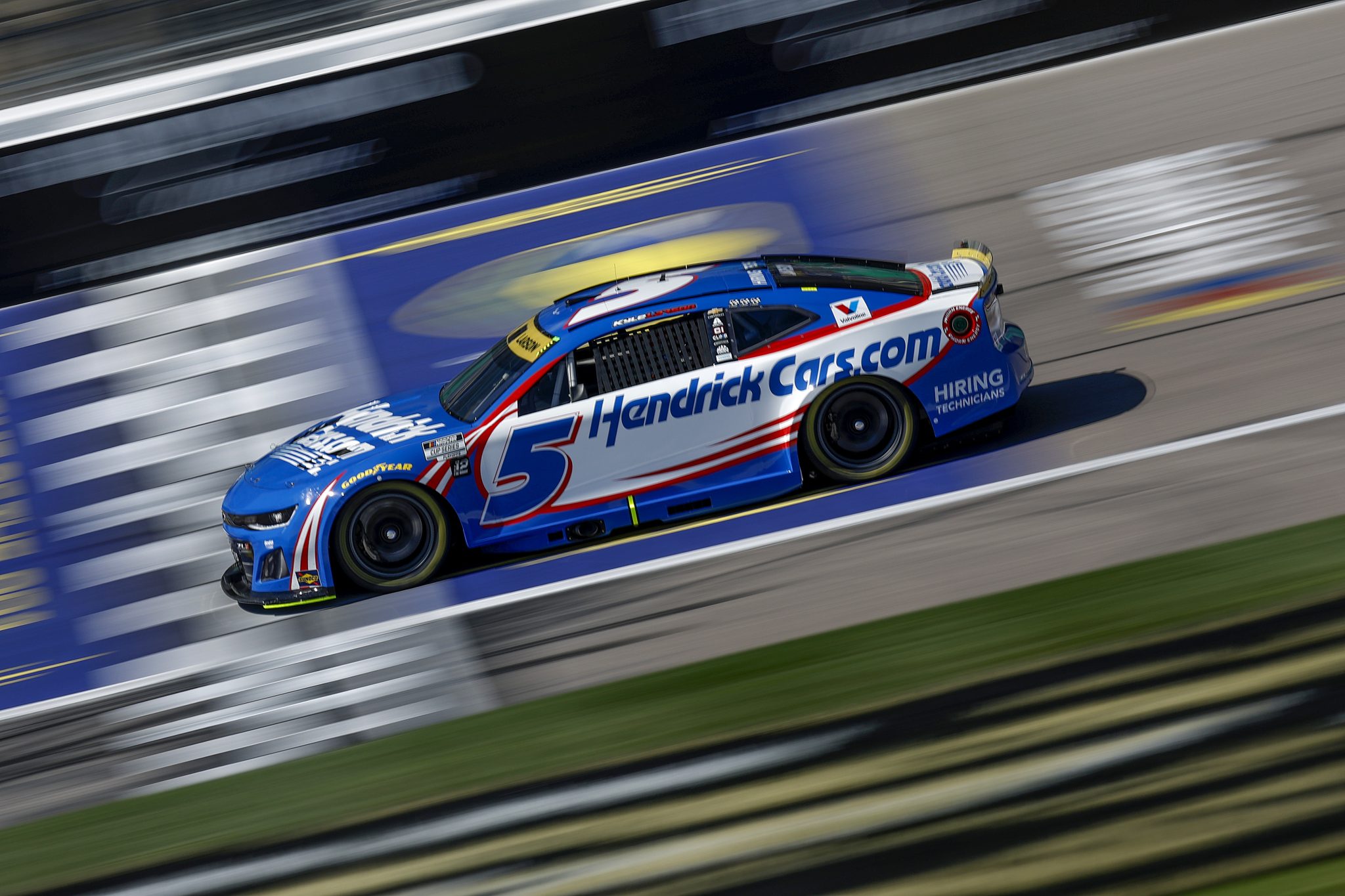 KANSAS CITY, KANSAS - SEPTEMBER 27: Kyle Larson, driver of the #5 HendrickCars.com Chevrolet, drives during practice for the NASCAR Cup Series Hollywood Casino 400 Presented by ESPN BET at Kansas Speedway on September 27, 2025 in Kansas City, Kansas. (Photo by Sean Gardner/Getty Images) | Getty Images