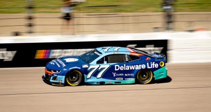 KANSAS CITY, KANSAS - SEPTEMBER 27: Carson Hocevar, driver of the #77 Delaware Life Chevrolet, drives during practice for the NASCAR Cup Series Hollywood Casino 400 Presented by ESPN BET at Kansas Speedway on September 27, 2025 in Kansas City, Kansas. (Photo from Spire Motorsports)