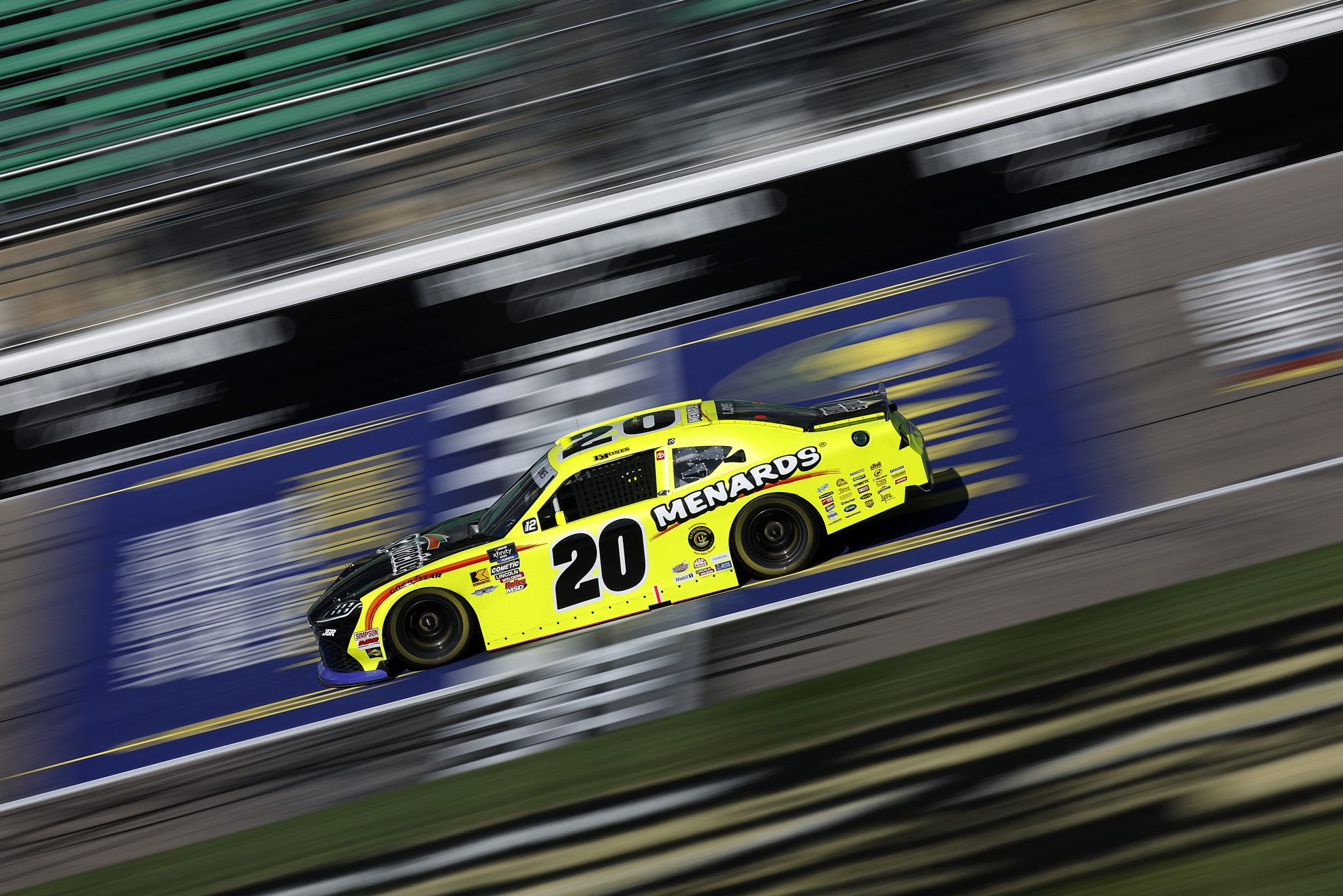 KANSAS CITY, KANSAS - SEPTEMBER 27: Brandon Jones, driver of the #20 Menards/Spectracide Toyota, drives during practice for the NASCAR Xfinity Series Kansas Lottery 300 at Kansas Speedway on September 27, 2025 in Kansas City, Kansas. (Photo by Sean Gardner/Getty Images) | Getty Images