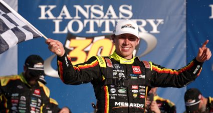 KANSAS CITY, KANSAS - SEPTEMBER 27: Brandon Jones, driver of the #20 Menards/Spectracide Toyota, celebrates in victory lane after winning the NASCAR Xfinity Series Kansas Lottery 300 at Kansas Speedway on September 27, 2025 in Kansas City, Kansas. (Photo by Chris Graythen/Getty Images) | Getty Images