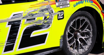 KANSAS CITY, KANSAS - SEPTEMBER 27: A detail view of the #12 Menards/Richmond Water Heaters Ford, driven by Ryan Blaney after an on-track incident during practice for the NASCAR Cup Series Hollywood Casino 400 Presented by ESPN BET at Kansas Speedway on September 27, 2025 in Kansas City, Kansas. (Photo by Chris Graythen/Getty Images) | Getty Images