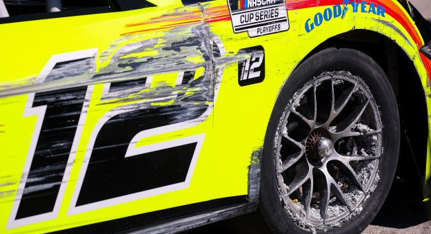 KANSAS CITY, KANSAS - SEPTEMBER 27: A detail view of the #12 Menards/Richmond Water Heaters Ford, driven by Ryan Blaney after an on-track incident during practice for the NASCAR Cup Series Hollywood Casino 400 Presented by ESPN BET at Kansas Speedway on September 27, 2025 in Kansas City, Kansas. (Photo by Chris Graythen/Getty Images) | Getty Images