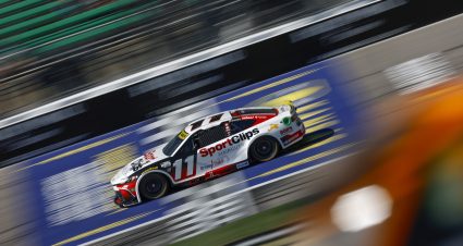 KANSAS CITY, KANSAS - SEPTEMBER 27: Denny Hamlin, driver of the #11 Sport Clips Haircuts Toyota, drives during practice for the NASCAR Cup Series Hollywood Casino 400 Presented by ESPN BET at Kansas Speedway on September 27, 2025 in Kansas City, Kansas. (Photo by Sean Gardner/Getty Images) | Getty Images