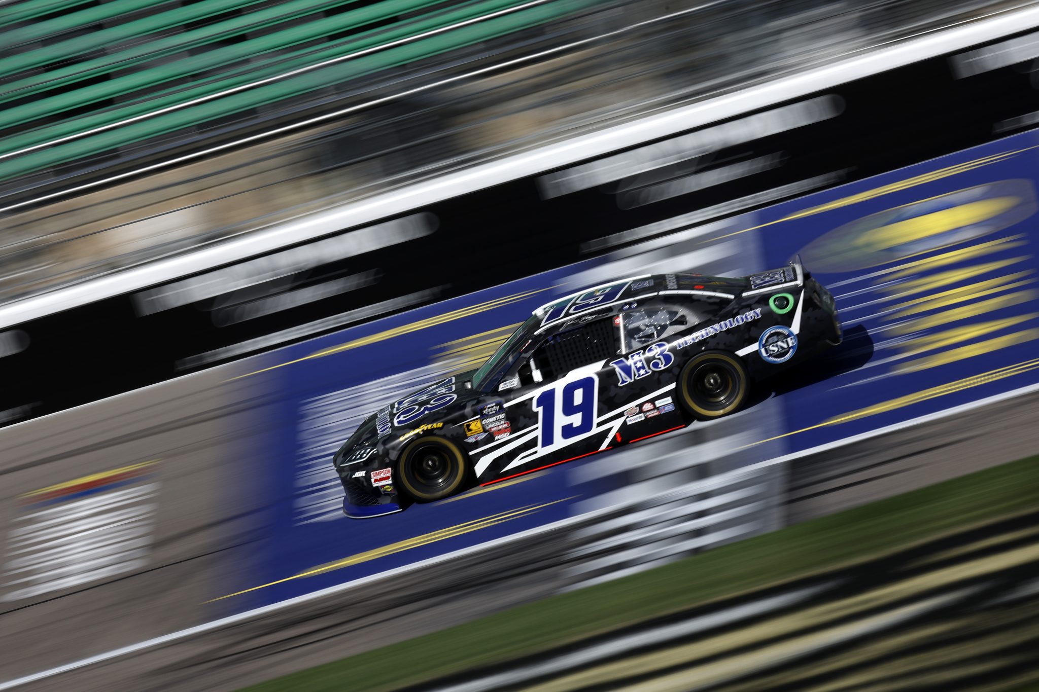 KANSAS CITY, KANSAS - SEPTEMBER 27: Justin Bonsignore, driver of the #19 M3 Technology Toyota, drives during practice for the NASCAR Xfinity Series Kansas Lottery 300 at Kansas Speedway on September 27, 2025 in Kansas City, Kansas. (Photo by Sean Gardner/Getty Images) | Getty Images