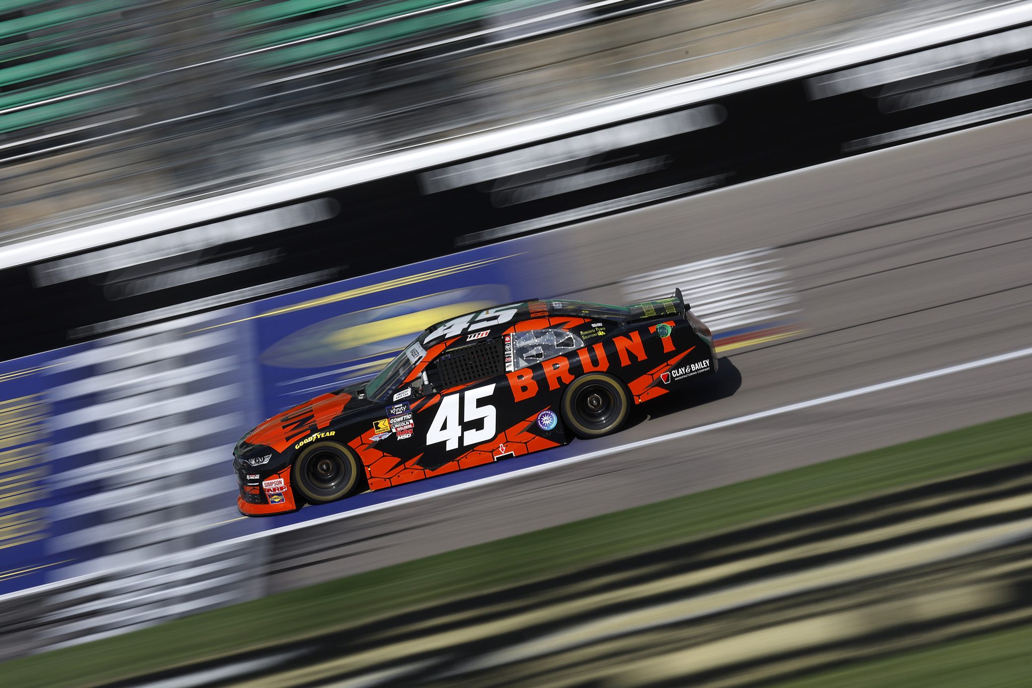 KANSAS CITY, KANSAS - SEPTEMBER 27: Mason Massey, driver of the #45 Brunt Chevrolet, drives during practice for the NASCAR Xfinity Series Kansas Lottery 300 at Kansas Speedway on September 27, 2025 in Kansas City, Kansas. (Photo by Sean Gardner/Getty Images) | Getty Images