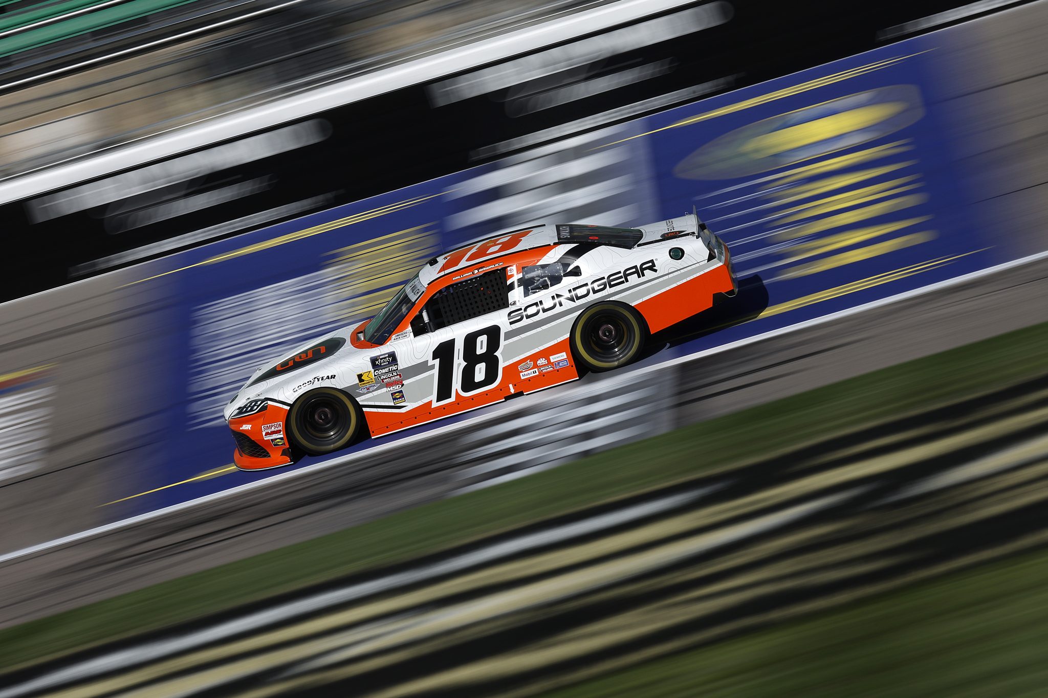 KANSAS CITY, KANSAS - SEPTEMBER 27: William Sawalich, driver of the #18 Soundgear Toyota, drives during practice for the NASCAR Xfinity Series Kansas Lottery 300 at Kansas Speedway on September 27, 2025 in Kansas City, Kansas. (Photo by Sean Gardner/Getty Images) | Getty Images