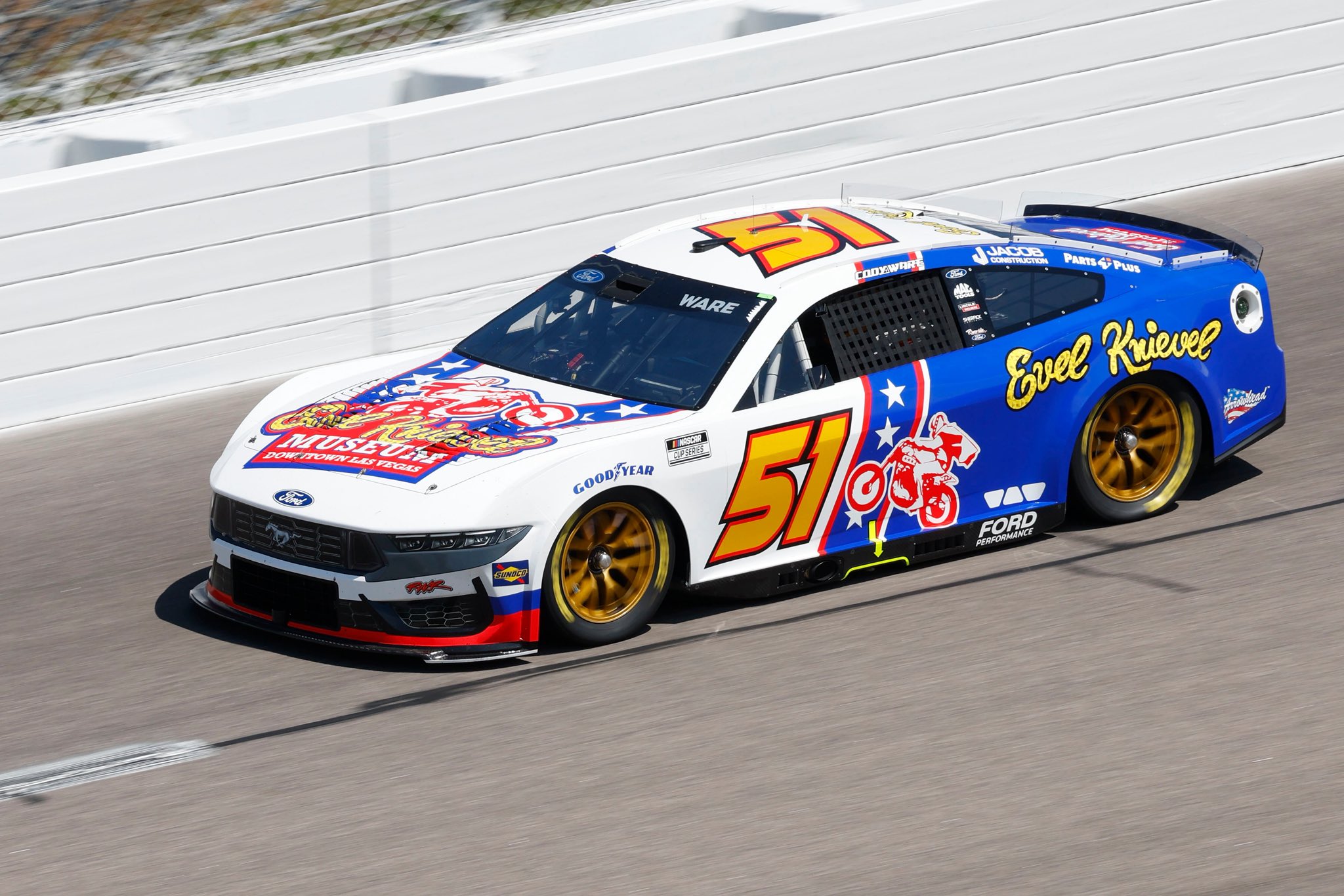 KANSAS CITY, KANSAS - SEPTEMBER 27: Cody Ware, driver of the #51 Evel Knievel Museum Ford, drives in preparation for for the NASCAR Cup Series Hollywood Casino 400 Presented by ESPN BET at Kansas Speedway on September 27, 2025 in Kansas City, Kansas. (Photo from Rick Ware Racing)