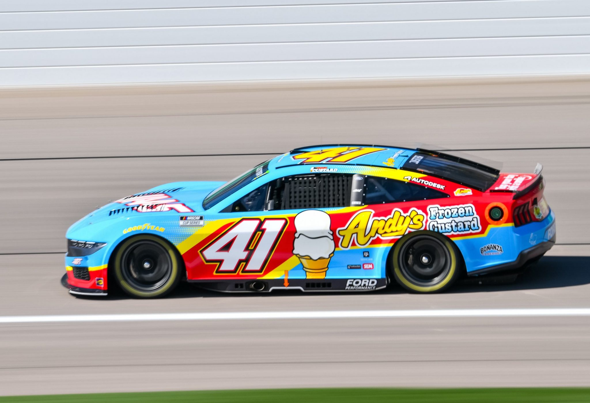 KANSAS CITY, KANSAS - SEPTEMBER 28: Cole Custer, driver of the #41 Haas / Andy's Frozen Custard Ford, drives during the NASCAR Cup Series Hollywood Casino 400 Presented by ESPN BET at Kansas Speedway on September 28, 2025 in Kansas City, Kansas. (Photo from Haas Factory Team)