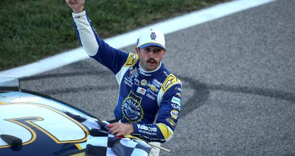 KANSAS CITY, KANSAS - SEPTEMBER 28: Chase Elliott, driver of the #9 Kelley Blue Book Chevrolet, celebrates after winning the NASCAR Cup Series Hollywood Casino 400 Presented by ESPN BET at Kansas Speedway on September 28, 2025 in Kansas City, Kansas. (Photo by Chris Graythen/Getty Images) | Getty Images