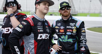 HAMPTON, GEORGIA - JUNE 27: Harrison Burton, driver of the #25 DEX Imaging Ford, (L) and Jeb Burton, driver of the #27 AJ Transport Chevrolet, look on during qualifying for the NASCAR Xfinity Series Focused Health 250 at Echo Park Speedway on June 27, 2025 in Hampton, Georgia. (Photo by Sean Gardner/Getty Images) | Getty Images