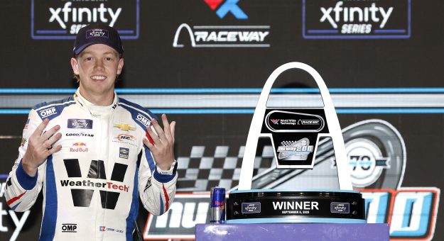 MADISON, ILLINOIS - SEPTEMBER 06: Connor Zilisch, driver of the #88 WeatherTech Chevrolet, celebrates in victory lane after winning the NASCAR Xfinity Series Nu Way 200 Sauced by Blues Hog at WWT Raceway on September 06, 2025 in Madison, Illinois. (Photo by Sean Gardner/Getty Images) | Getty Images