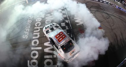 MADISON, ILLINOIS - SEPTEMBER 06: Connor Zilisch, driver of the #88 WeatherTech Chevrolet, celebrates with a burnout after winning the NASCAR Xfinity Series Nu Way 200 Sauced by Blues Hog at WWT Raceway on September 06, 2025 in Madison, Illinois. (Photo by Chris Graythen/Getty Images) | Getty Images