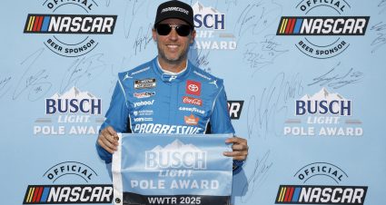 MADISON, ILLINOIS - SEPTEMBER 06: Denny Hamlin, driver of the #11 Progressive Toyota, poses for photos after winning the pole award during qualifying for the NASCAR Cup Series Enjoy Illinois 300 at WWT Raceway on September 06, 2025 in Madison, Illinois. (Photo by Sean Gardner/Getty Images) | Getty Images