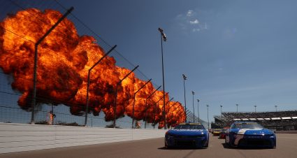 MADISON, ILLINOIS - SEPTEMBER 07: Denny Hamlin, driver of the #11 Progressive Toyota, and Kyle Larson, driver of the #5 HendrickCars.com Chevrolet, lead the field on a pace lap prior to the NASCAR Cup Series Enjoy Illinois 300 at WWT Raceway on September 07, 2025 in Madison, Illinois. (Photo by Chris Graythen/Getty Images) | Getty Images