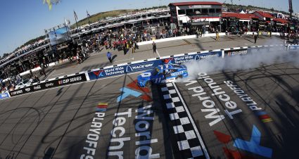 MADISON, ILLINOIS - SEPTEMBER 07: Denny Hamlin, driver of the #11 Progressive Toyota, celebrates with a burnout after winning the NASCAR Cup Series Enjoy Illinois 300 at WWT Raceway on September 07, 2025 in Madison, Illinois. (Photo by Sean Gardner/Getty Images) | Getty Images