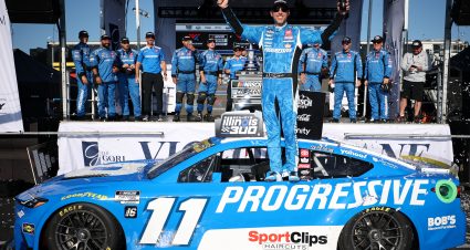 MADISON, ILLINOIS - SEPTEMBER 07: Denny Hamlin, driver of the #11 Progressive Toyota, celebrates in victory lane after winning the NASCAR Cup Series Enjoy Illinois 300 at WWT Raceway on September 07, 2025 in Madison, Illinois. (Photo by Chris Graythen/Getty Images) | Getty Images