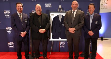 CHARLOTTE, NORTH CAROLINA - JANUARY 22: (L-R) 2026 NASCAR Hall of Fame inductees Kurt Busch, the grandsons of Ray Hendrick and Harry Gant pose for photos during the NHOF Class of 2026 Blue Jacket Ceremony at NASCAR Hall of Fame on January 22, 2026 in Charlotte, North Carolina. (Photo by David Jensen/Getty Images) | Getty Images