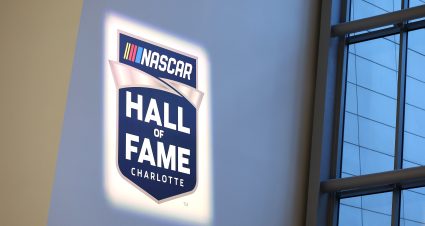 CHARLOTTE, NORTH CAROLINA - JANUARY 22: A detail view of a NASCAR Hall of Fame logo during the NHOF Class of 2026 Blue Jacket Ceremony at NASCAR Hall of Fame on January 22, 2026 in Charlotte, North Carolina. (Photo by David Jensen/Getty Images) | Getty Images