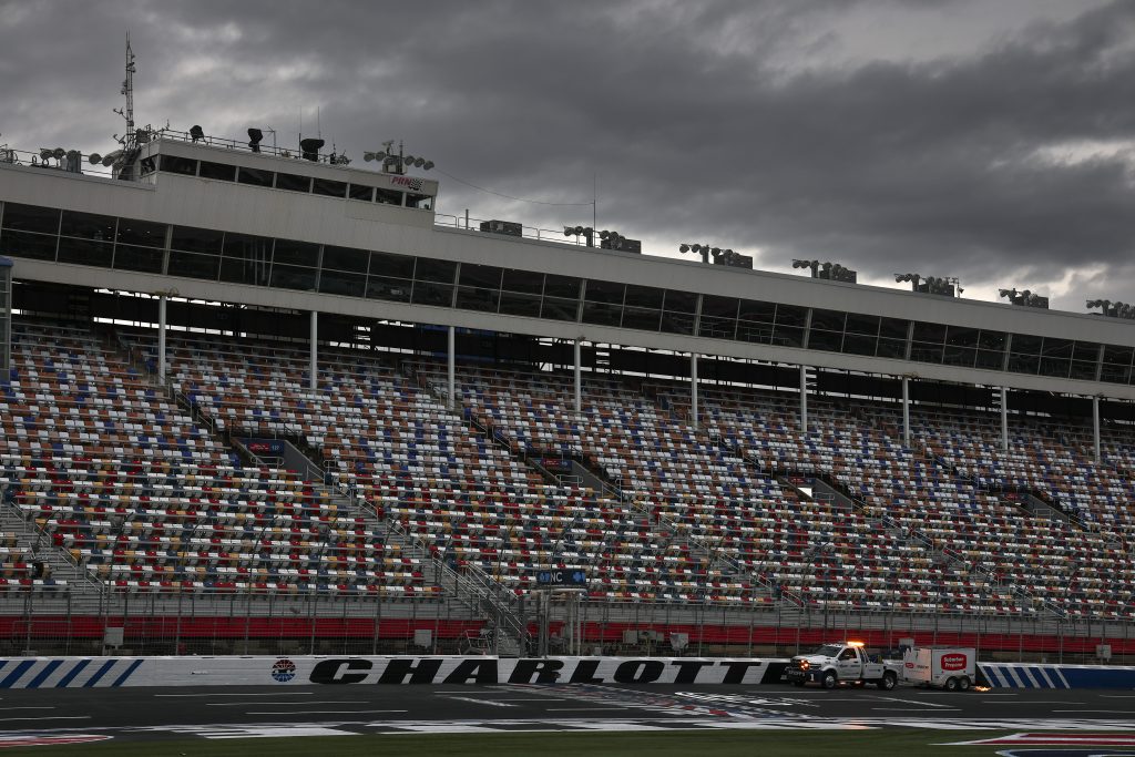 CONCORD, NORTH CAROLINA - OCTOBER 10: The NASCAR track drying team work to dry the track during a weather delay prior to practice for the NASCAR Cup Series Bank of America 400 at Charlotte Motor Speedway on October 10, 2026 in Concord, North Carolina. (Photo by Jared C. Tilton/Getty Images) | Getty Images