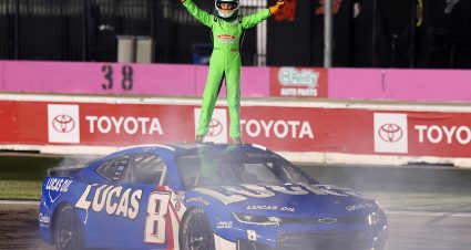 CONCORD, NORTH CAROLINA - OCTOBER 09: Kyle Busch's son Brexton Busch waves to the crowd after performing a burnout during the Kyle Busch Celebration of Life at Charlotte Motor Speedway on October 09, 2026 in Concord, North Carolina. (Photo by David Jensen/Getty Images) | Getty Images