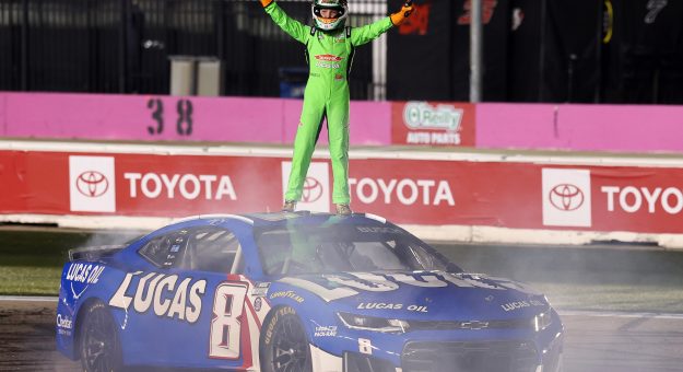 CONCORD, NORTH CAROLINA - OCTOBER 09: Kyle Busch's son Brexton Busch waves to the crowd after performing a burnout during the Kyle Busch Celebration of Life at Charlotte Motor Speedway on October 09, 2026 in Concord, North Carolina. (Photo by David Jensen/Getty Images) | Getty Images