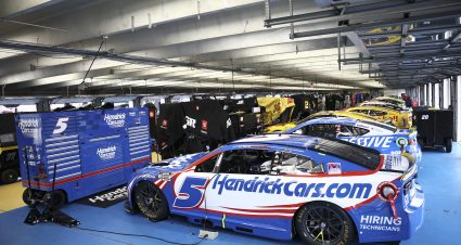 CONCORD, NORTH CAROLINA - OCTOBER 10: The #5 HendrickCars.com Chevrolet, driven by Kyle Larson(not pictured) is seen in the garage area prior to practice for the NASCAR Cup Series Bank of America 400 at Charlotte Motor Speedway on October 10, 2026 in Concord, North Carolina. (Photo by Jared C. Tilton/Getty Images) | Getty Images