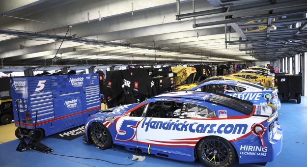 CONCORD, NORTH CAROLINA - OCTOBER 10: The #5 HendrickCars.com Chevrolet, driven by Kyle Larson(not pictured) is seen in the garage area prior to practice for the NASCAR Cup Series Bank of America 400 at Charlotte Motor Speedway on October 10, 2026 in Concord, North Carolina. (Photo by Jared C. Tilton/Getty Images) | Getty Images