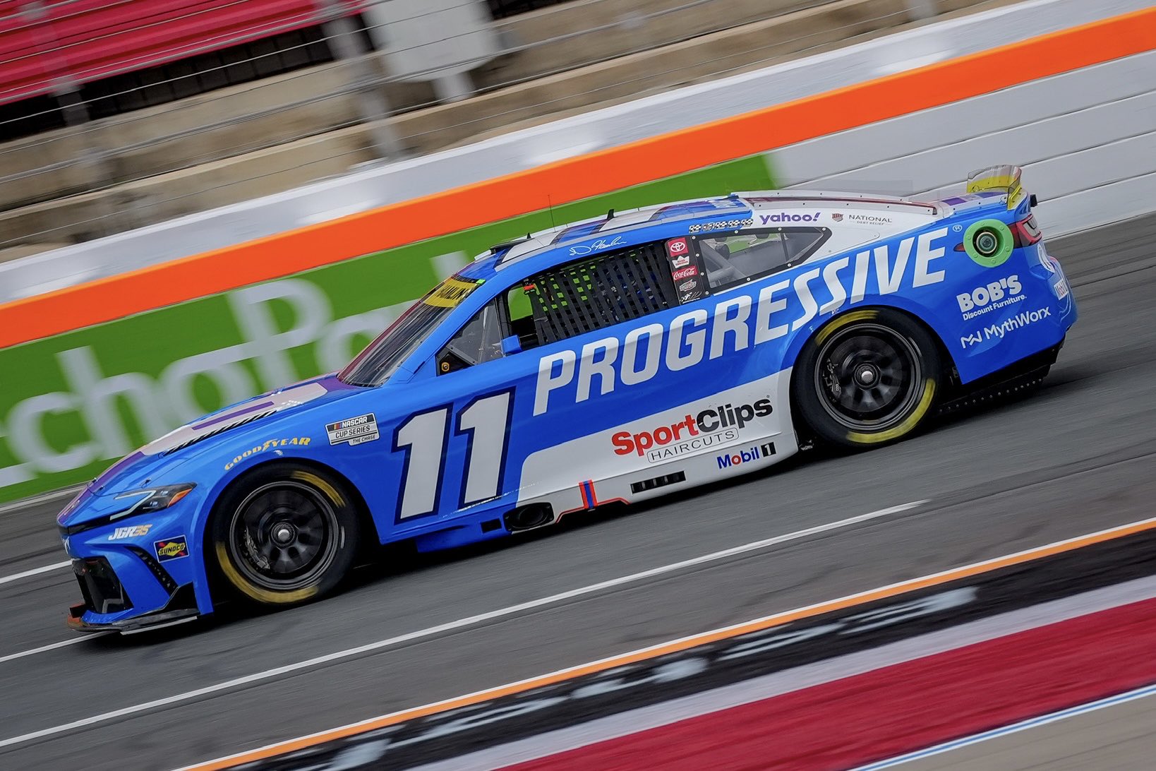 CONCORD, NORTH CAROLINA - OCTOBER 11: Denny Hamlin, driver of the #11 Progressive Insurance Toyota, drives during the NASCAR Cup Series Bank of America 400 at Charlotte Motor Speedway on October 11, 2026 in Concord, North Carolina. (Photo from Joe Gibbs Racing)