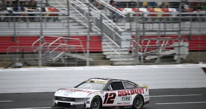 CONCORD, NORTH CAROLINA - OCTOBER 11: Ryan Blaney, driver of the #12 Discount Tire Ford, drives during the NASCAR Cup Series Bank of America 400 at Charlotte Motor Speedway on October 11, 2026 in Concord, North Carolina. (Photo from Team Penske)