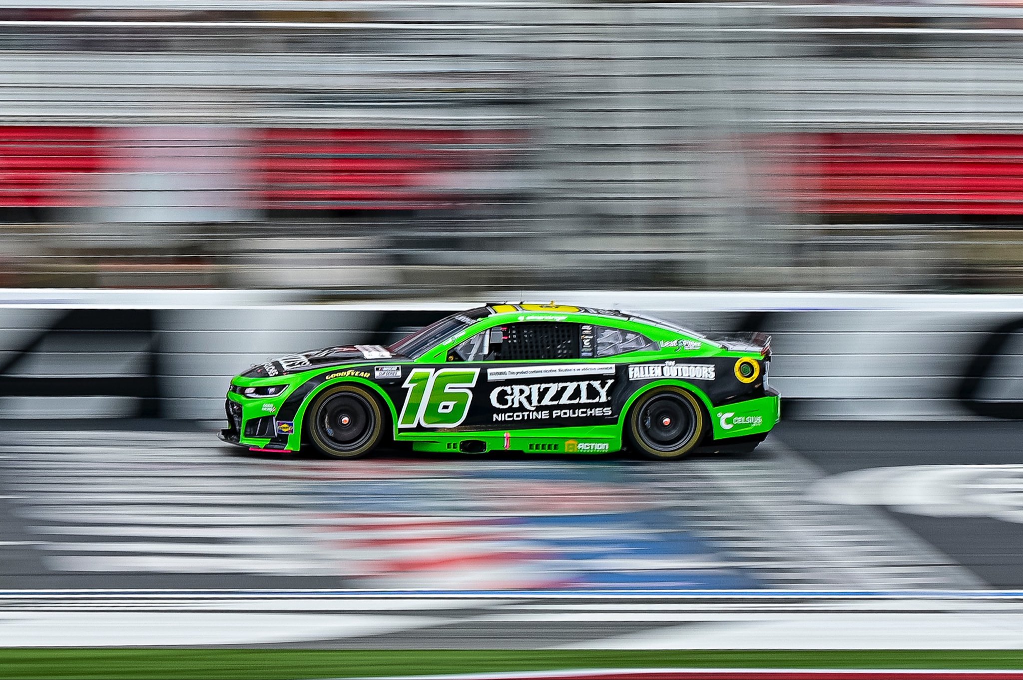 CONCORD, NORTH CAROLINA - OCTOBER 11: AJ Allmendinger, driver of the #16 Grizzly Nicotine Pouches Chevrolet, drives during the NASCAR Cup Series Bank of America 400 at Charlotte Motor Speedway on October 11, 2026 in Concord, North Carolina. (Photo from Kaulig Racing)