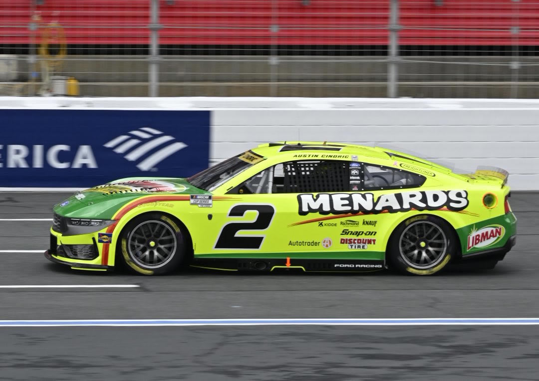 CONCORD, NORTH CAROLINA - OCTOBER 11: Austin Cindric, driver of the #2 Menards/Libman Ford, drives during the NASCAR Cup Series Bank of America 400 at Charlotte Motor Speedway on October 11, 2026 in Concord, North Carolina. (Photo from Team Penske)