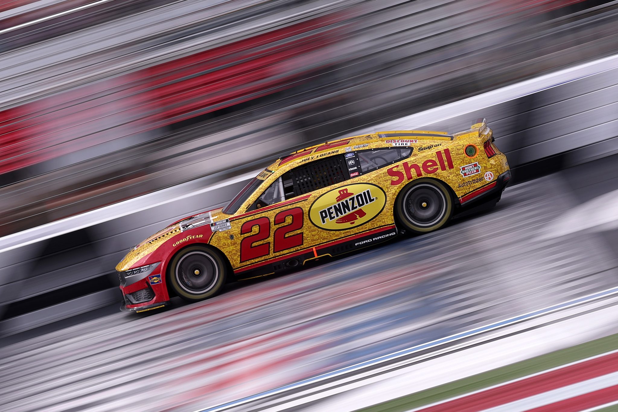 CONCORD, NORTH CAROLINA - OCTOBER 11: Joey Logano, driver of the #22 Shell Pennzoil Ford, drives during the NASCAR Cup Series Bank of America 400 at Charlotte Motor Speedway on October 11, 2026 in Concord, North Carolina. (Photo by David Jensen/Getty Images) | Getty Images