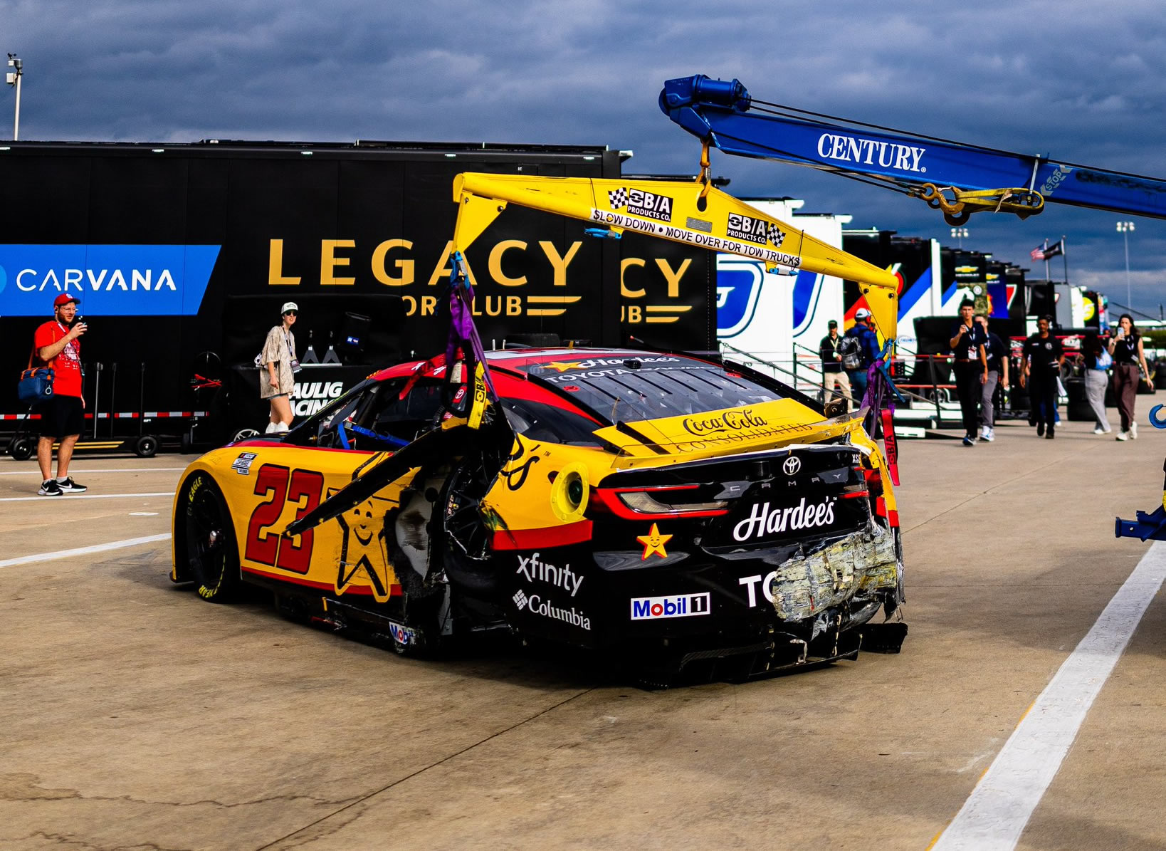 CONCORD, NORTH CAROLINA - OCTOBER 11: Bubba Wallace's #23 Hardee's Toyota sits in the garage after an accident during the NASCAR Cup Series Bank of America 400 at Charlotte Motor Speedway on October 11, 2026 in Concord, North Carolina. (Photo from NASCAR)
