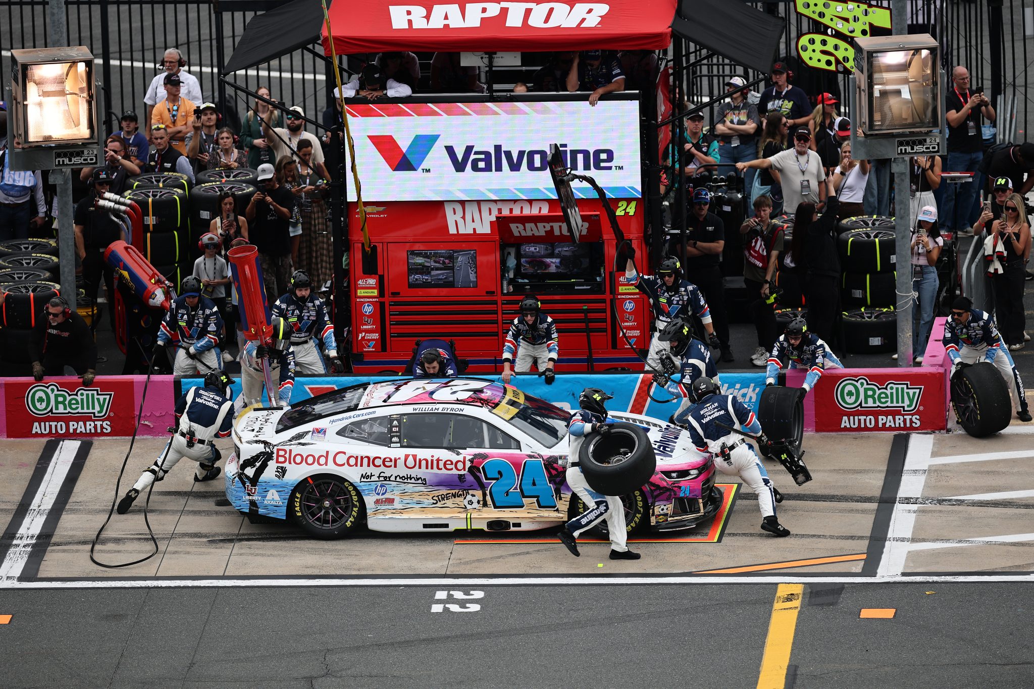 CONCORD, NORTH CAROLINA - OCTOBER 11: William Byron, driver of the #24 Valvoline Blood Cancer United Chevrolet, pits during the NASCAR Cup Series Bank of America 400 at Charlotte Motor Speedway on October 11, 2026 in Concord, North Carolina. (Photo by Jared C. Tilton/Getty Images) | Getty Images