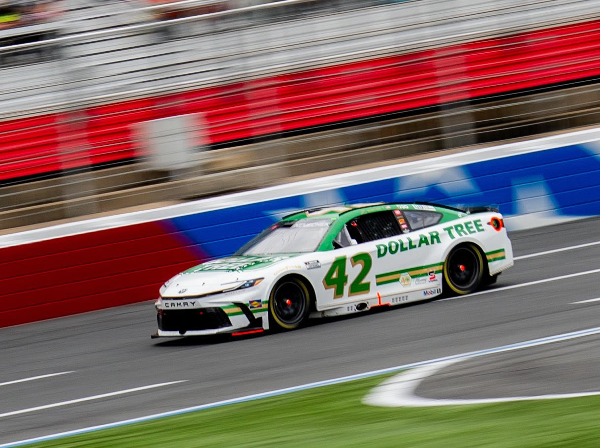 CONCORD, NORTH CAROLINA - OCTOBER 11: John H. Nemechek, driver of the #42 Dollar Tree Toyota, drives during the NASCAR Cup Series Bank of America 400 at Charlotte Motor Speedway on October 11, 2026 in Concord, North Carolina. (Photo from Legacy Motor Club)