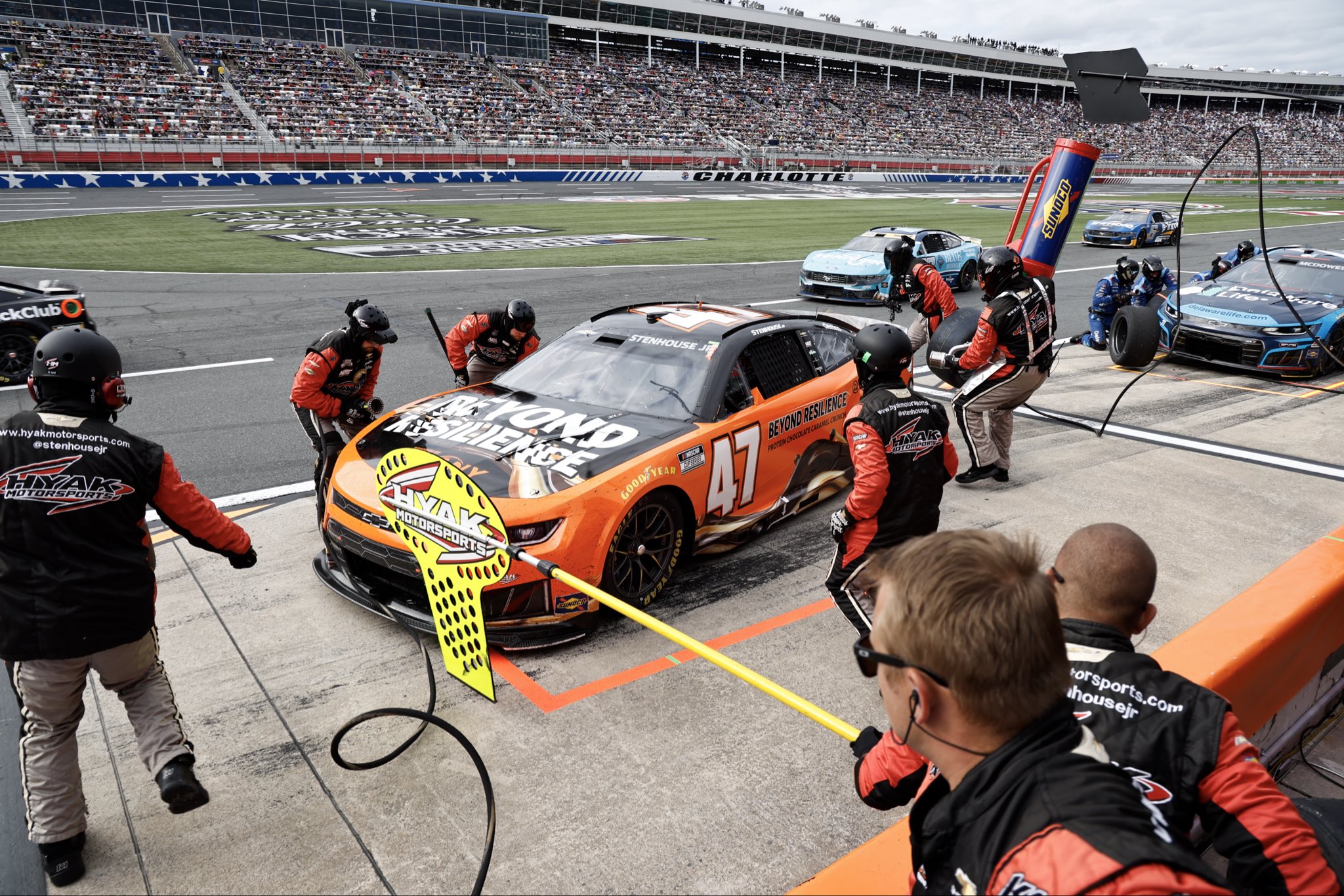 CONCORD, NORTH CAROLINA - OCTOBER 11: Ricky Stenhouse Jr., driver of the #47 Beyond Resilience Chevrolet, pits during the NASCAR Cup Series Bank of America 400 at Charlotte Motor Speedway on October 11, 2026 in Concord, North Carolina. (Photo from HYAK Motorsports)