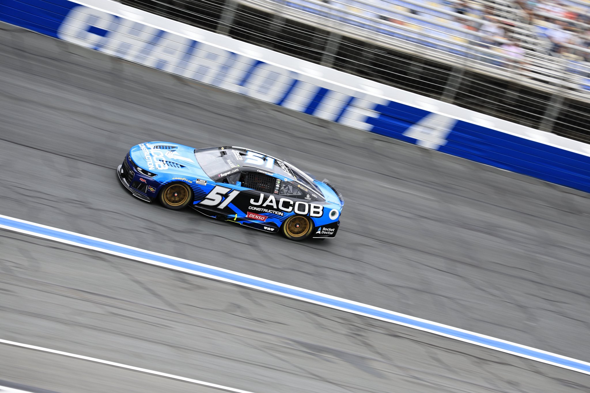 CONCORD, NORTH CAROLINA - OCTOBER 11: Cody Ware, driver of the #51 Jacob Construction Chevrolet, drives during the NASCAR Cup Series Bank of America 400 at Charlotte Motor Speedway on October 11, 2026 in Concord, North Carolina. (Photo from Rick Ware Racing)
